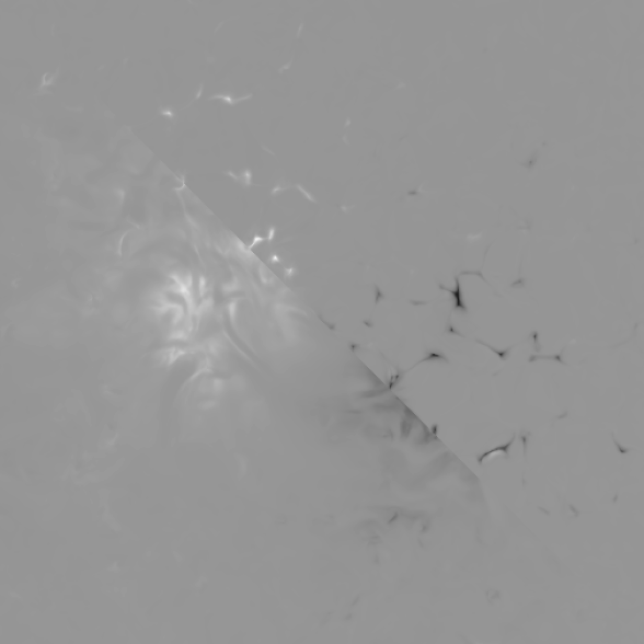 Synthetic H alpha Stokes V polarization map at two wavelength offsets in a realistic 3D radiative-MHD atmosphere
